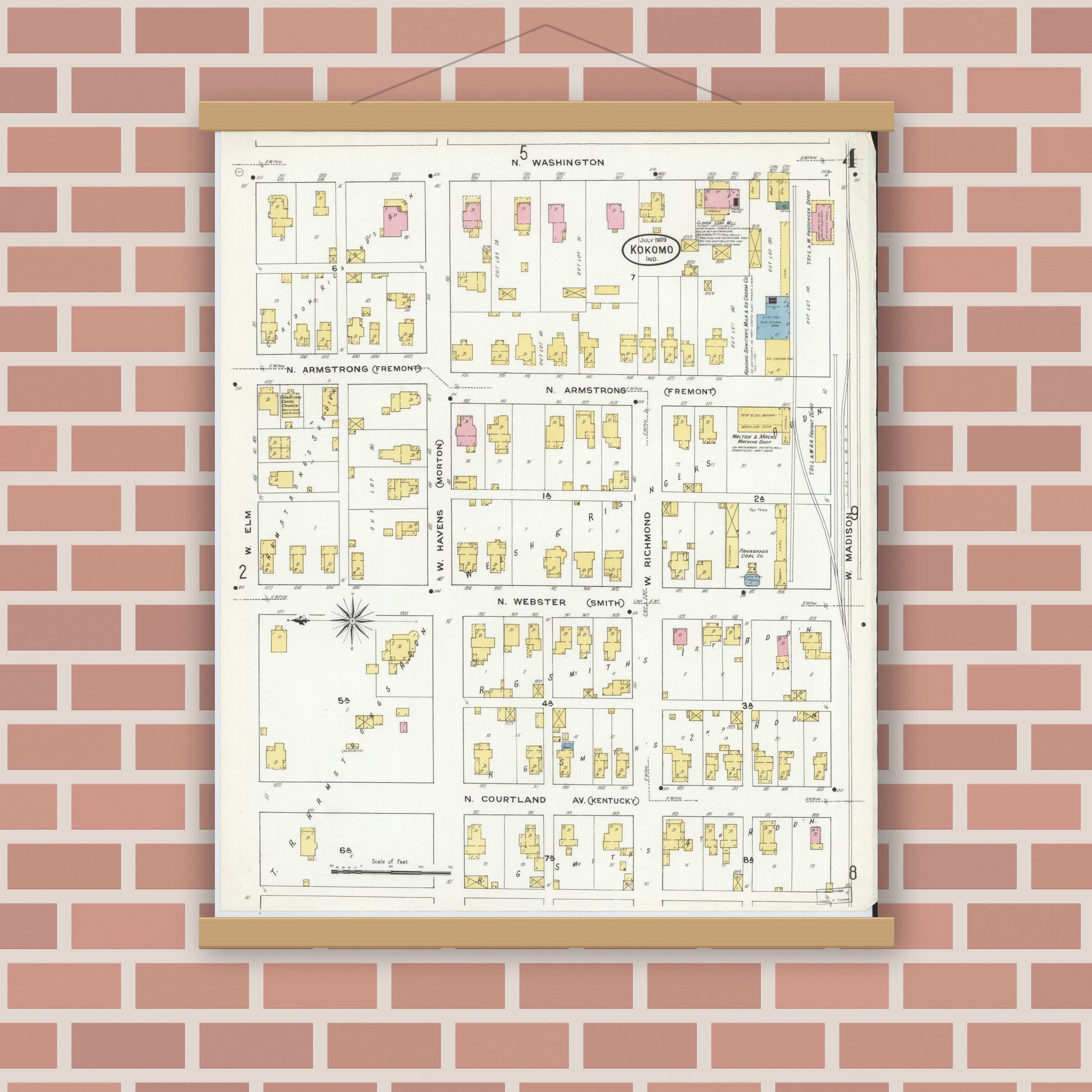 Old map wall art mockup — magnetic wood frame on brick wall — Sanborn Fire Insurance Map from Kokomo, Howard County, Indiana (1909), Sheet #0004