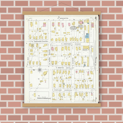 Old map wall art mockup — magnetic wood frame on brick wall — Sanborn Fire Insurance Map from Kokomo, Howard County, Indiana (1909), Sheet #0004