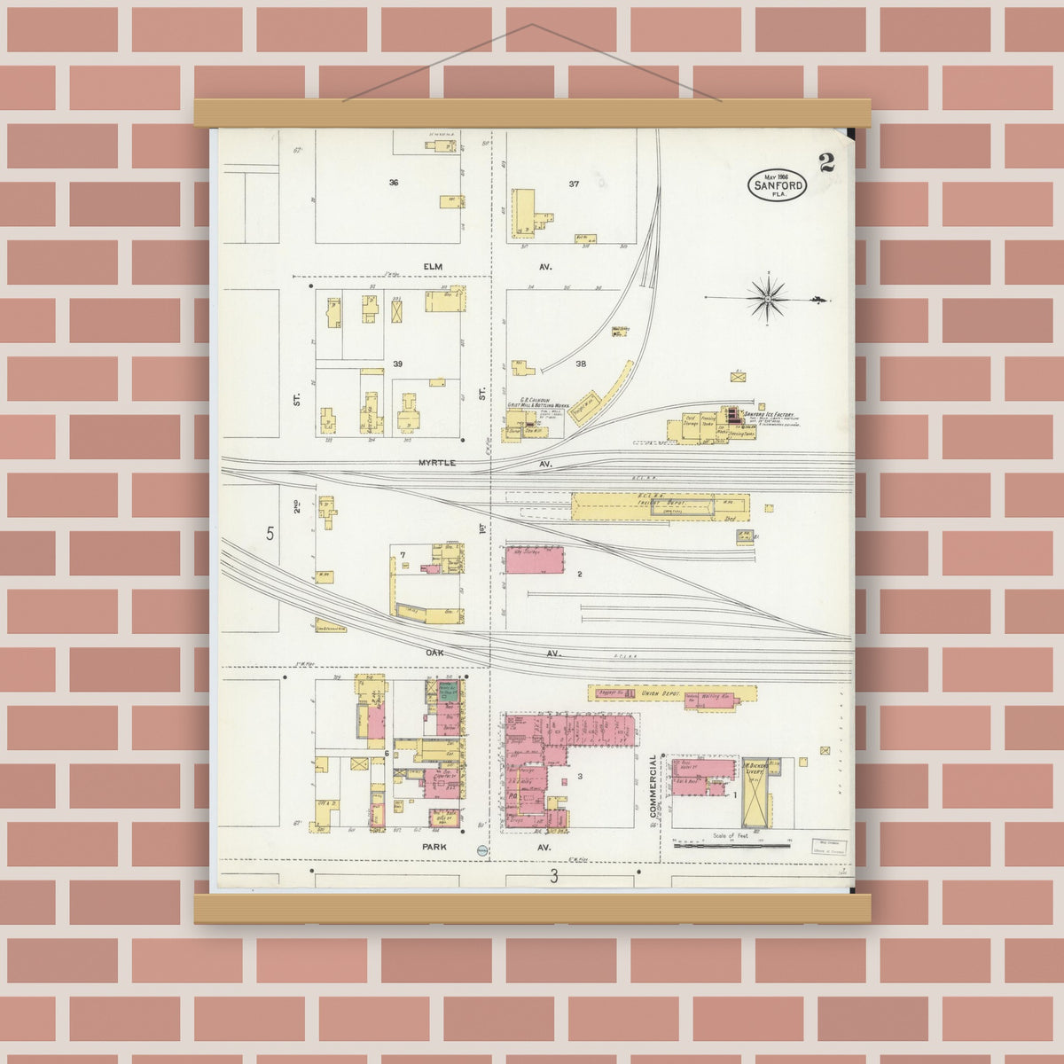 Old map wall art mockup — magnetic wood frame on brick wall — Sanborn Fire Insurance Map from Sanford, Seminole County, Florida (1906), Sheet #0002