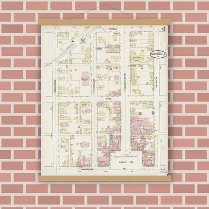 Old map wall art mockup — magnetic wood frame on brick wall — Sanborn Fire Insurance Map from Shelbyville, Shelby County, Indiana (1887), Sheet #0004