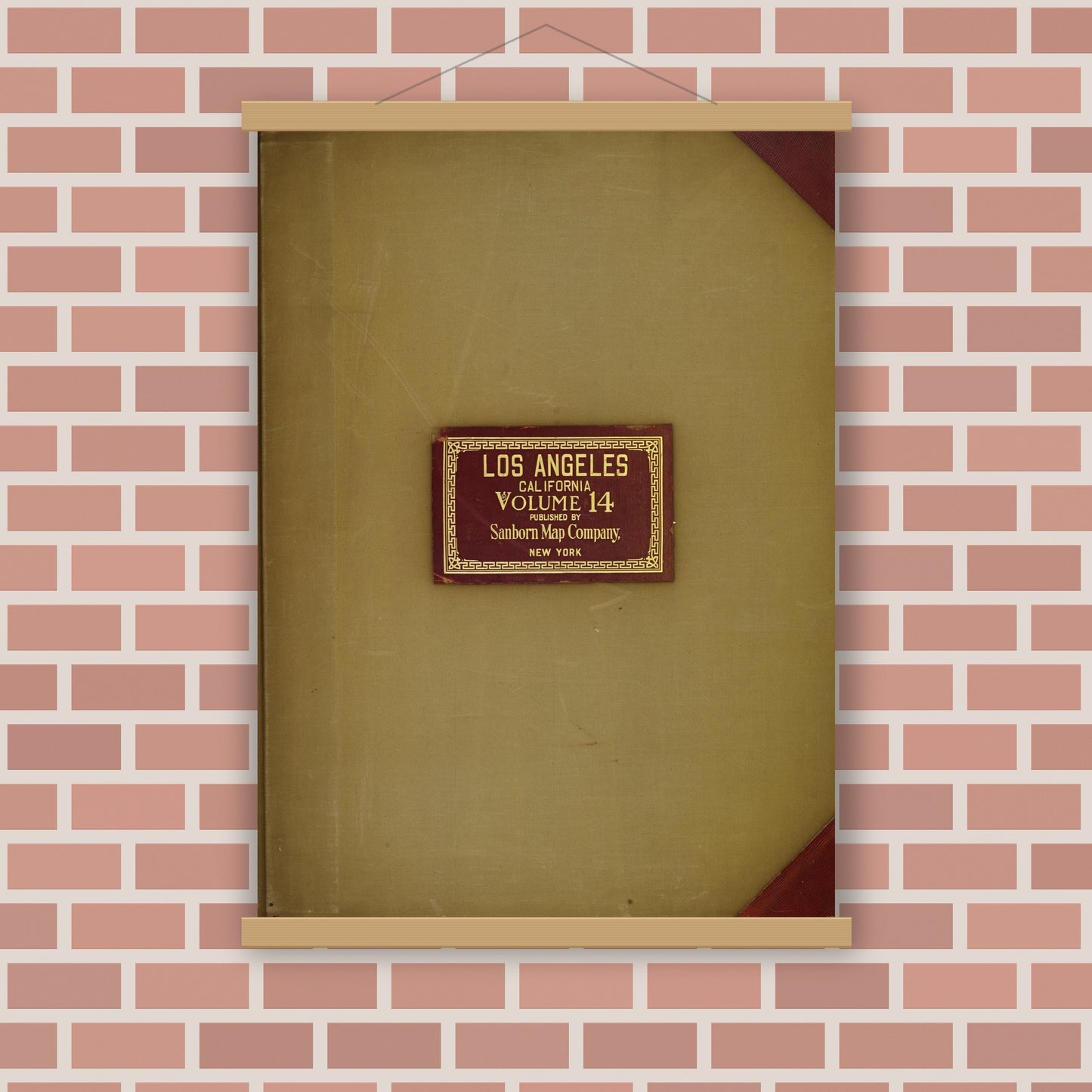 Old map wall art mockup — magnetic wood frame on brick wall — Sanborn Fire Insurance Map from Los Angeles, Los Angeles County, California (1949), Sheet #0001