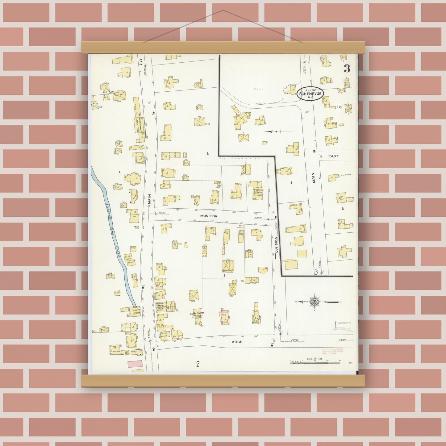 Old map wall art mockup — magnetic wood frame on brick wall — Sanborn Fire Insurance Map from Schenevus, Otsego County, New York (1910), Sheet #0003