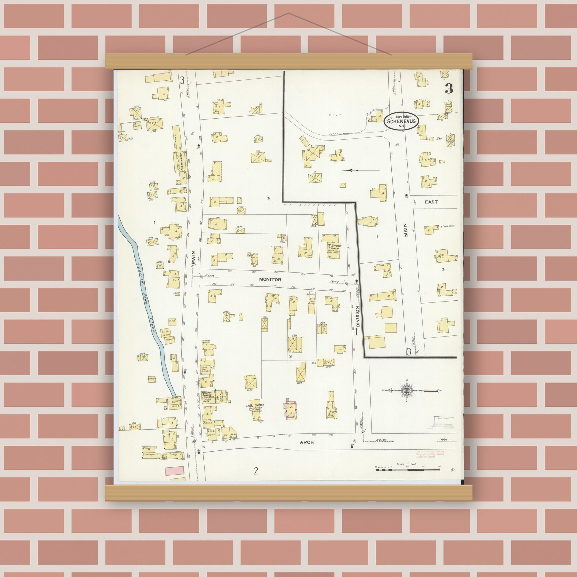 Old map wall art mockup — magnetic wood frame on brick wall — Sanborn Fire Insurance Map from Schenevus, Otsego County, New York (1910), Sheet #0003
