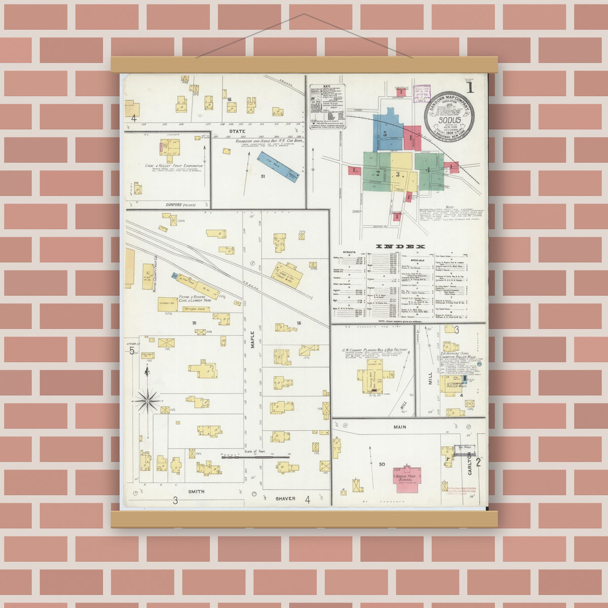 Old map wall art mockup — magnetic wood frame on brick wall — Sanborn Fire Insurance Map from Sodus, Wayne County, New York (1906) - Complete Map Set