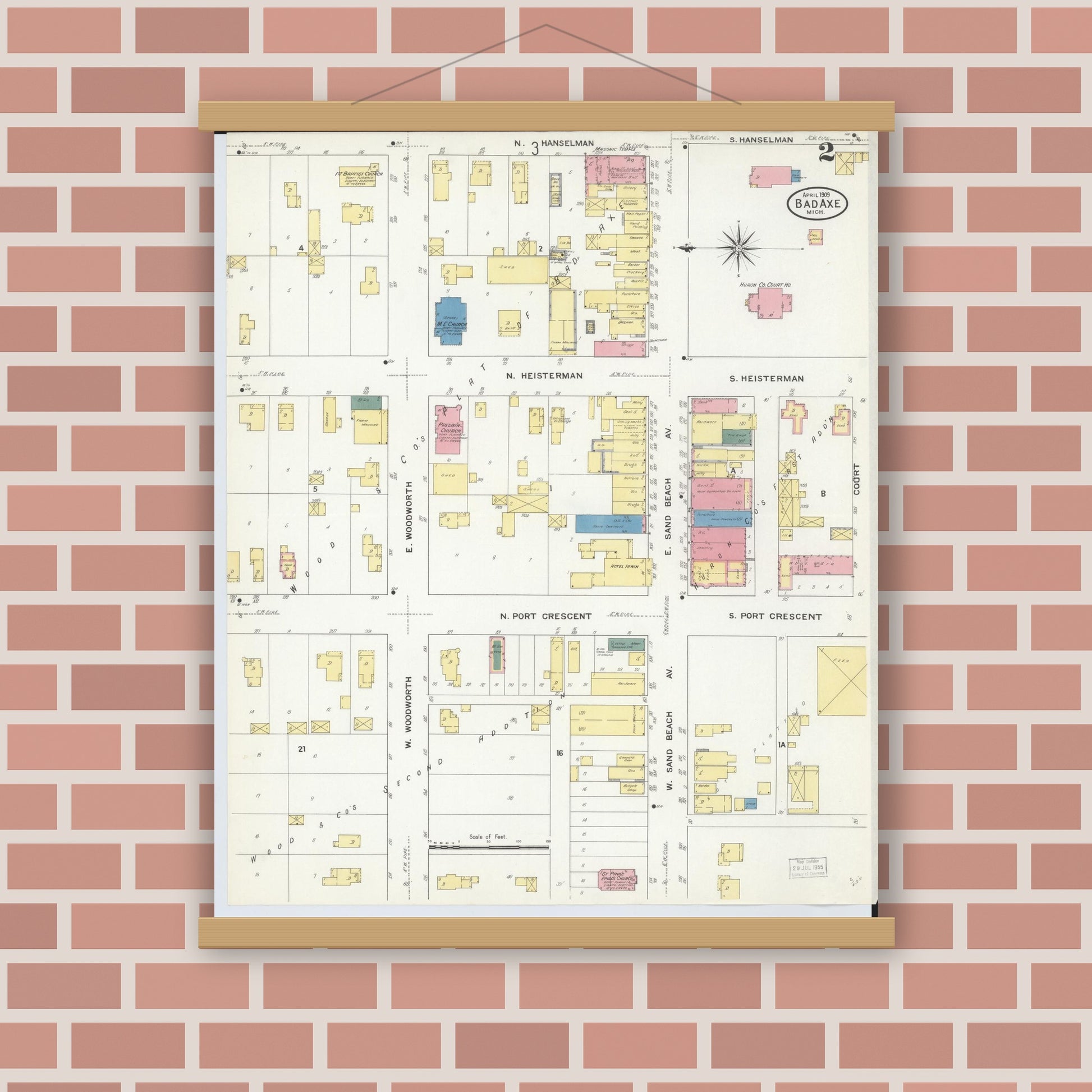 Old map wall art mockup — magnetic wood frame on brick wall — Sanborn Fire Insurance Map from Bad Axe, Huron County, Michigan (1909), Sheet #0002