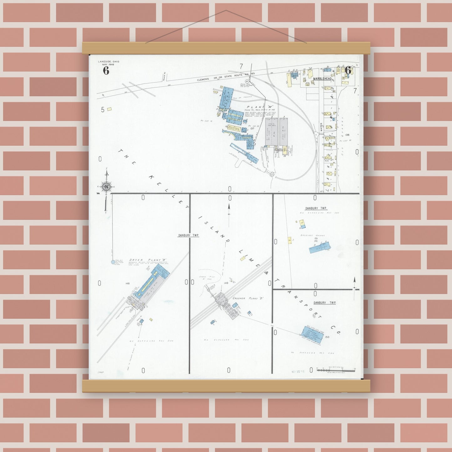 Old map wall art mockup — magnetic wood frame on brick wall — Sanborn Fire Insurance Map from Lakeside, Ottawa County, Ohio (1946), Sheet #0006