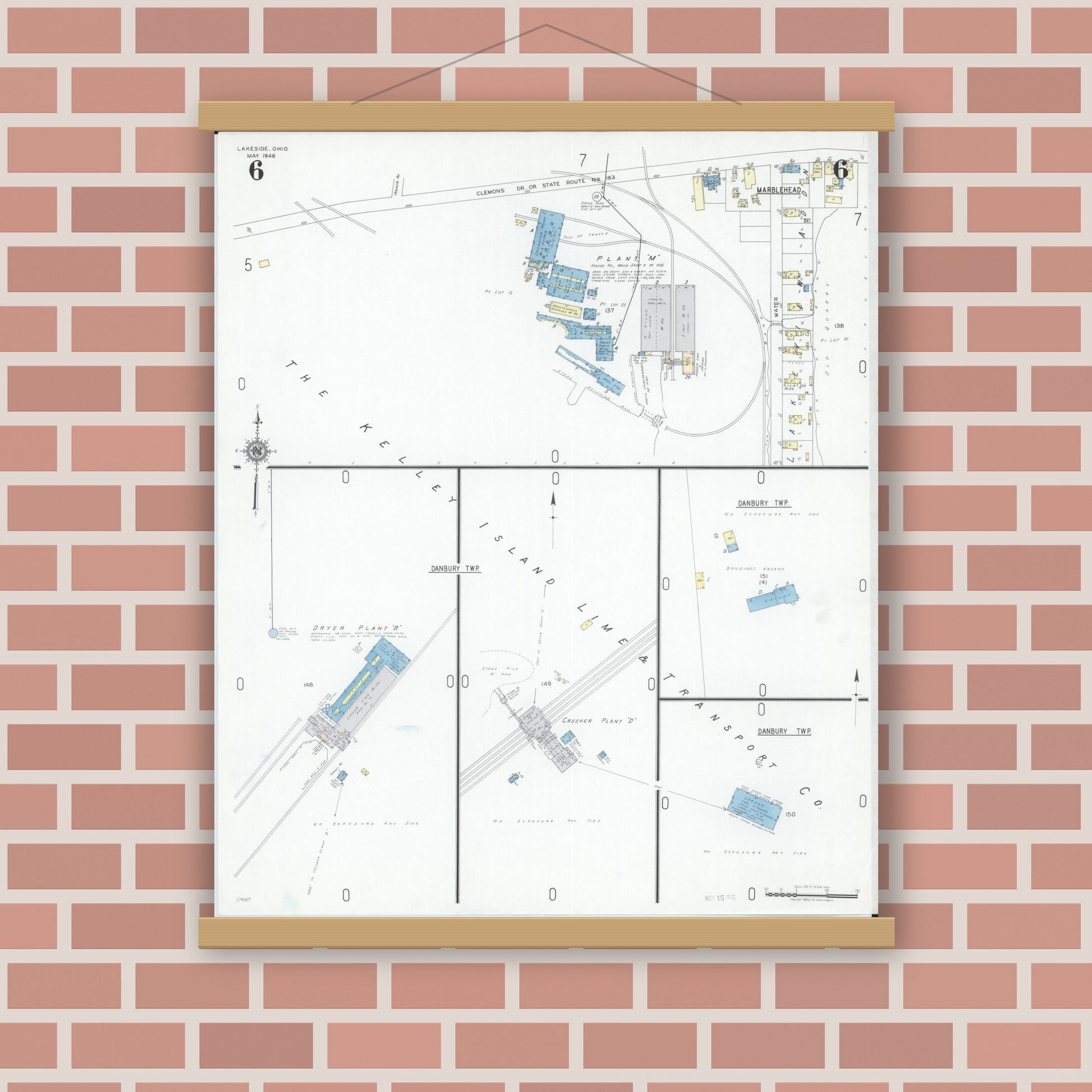 Old map wall art mockup — magnetic wood frame on brick wall — Sanborn Fire Insurance Map from Lakeside, Ottawa County, Ohio (1946), Sheet #0006