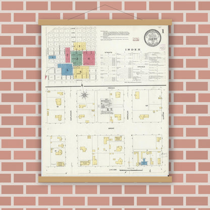 Old map wall art mockup — magnetic wood frame on brick wall — Sanborn Fire Insurance Map from Cuero, De Witt County, Texas (1907), Sheet #0001