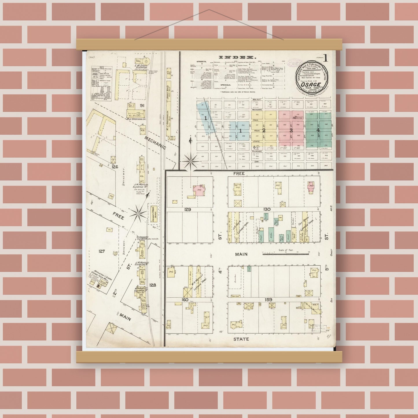 Old map wall art mockup — magnetic wood frame on brick wall — Sanborn Fire Insurance Map from Osage, Mitchell County, Iowa (1888) â€” Complete Set