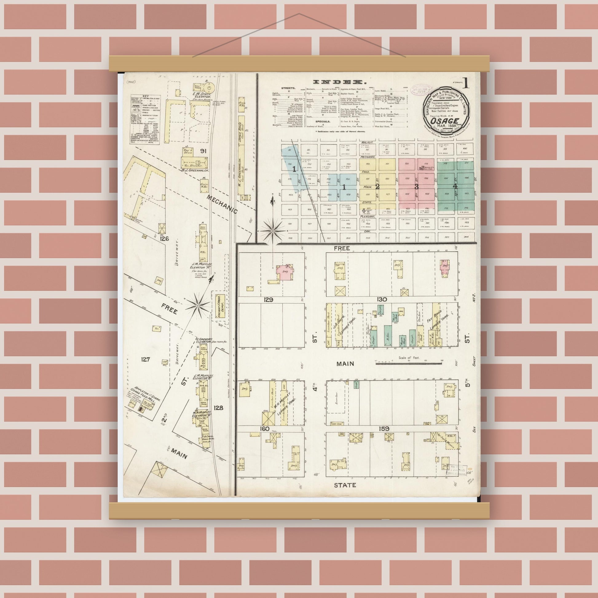 Old map wall art mockup — magnetic wood frame on brick wall — Sanborn Fire Insurance Map from Osage, Mitchell County, Iowa (1888) â€” Complete Set