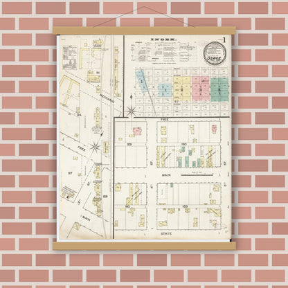Old map wall art mockup — magnetic wood frame on brick wall — Sanborn Fire Insurance Map from Osage, Mitchell County, Iowa (1888) â€” Complete Set