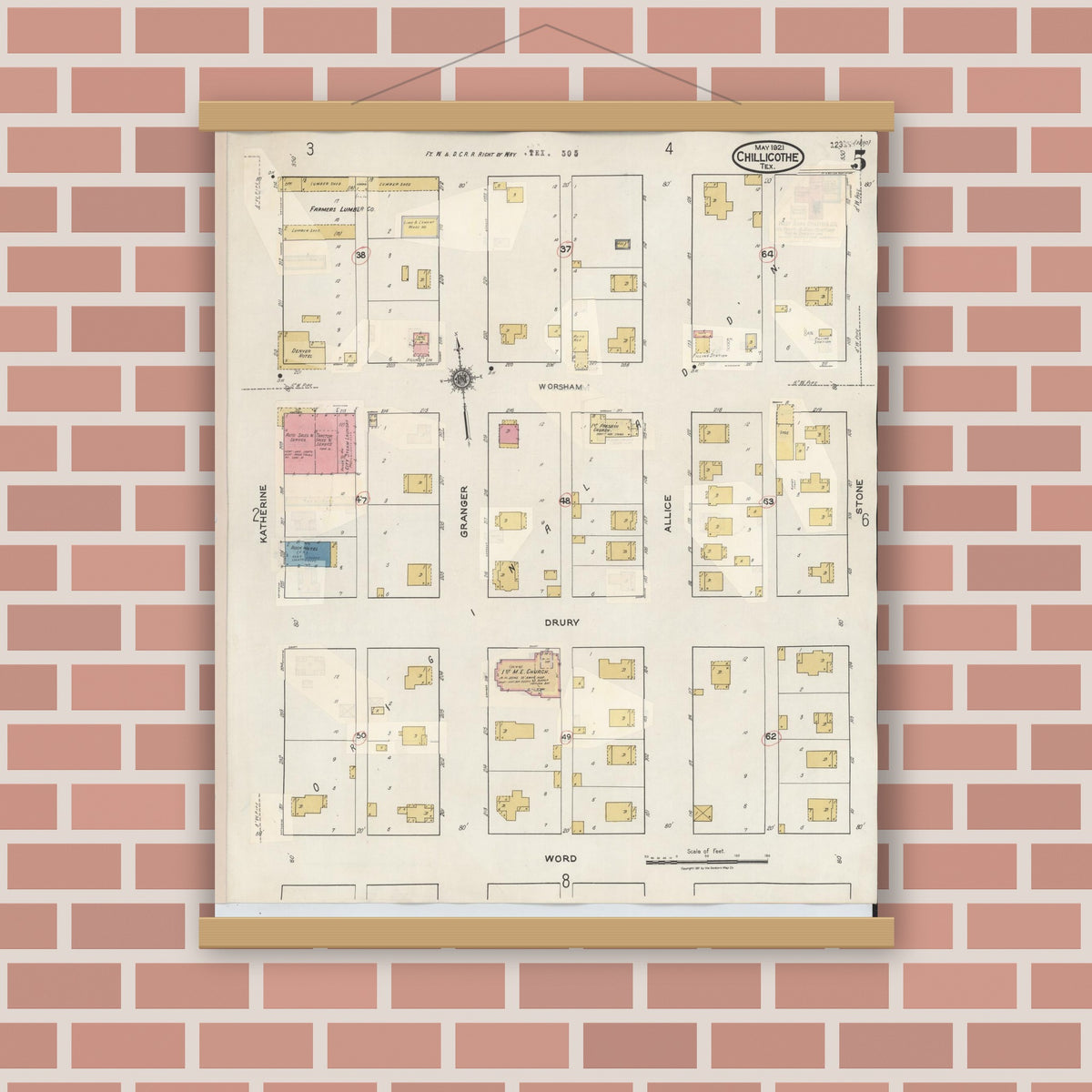 Old map wall art mockup — magnetic wood frame on brick wall — Sanborn Fire Insurance Map from Chillicothe, Hardeman County, Texas (1941), Sheet #0005