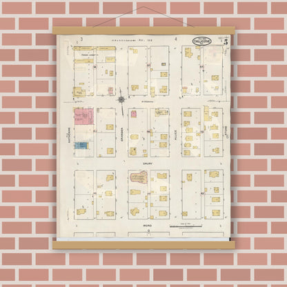 Old map wall art mockup — magnetic wood frame on brick wall — Sanborn Fire Insurance Map from Chillicothe, Hardeman County, Texas (1941), Sheet #0005