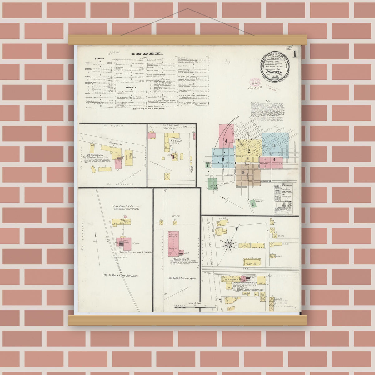 Old map wall art mockup — magnetic wood frame on brick wall — Sanborn Fire Insurance Map from Hanover, York County, Pennsylvania (1896), Sheet #0001