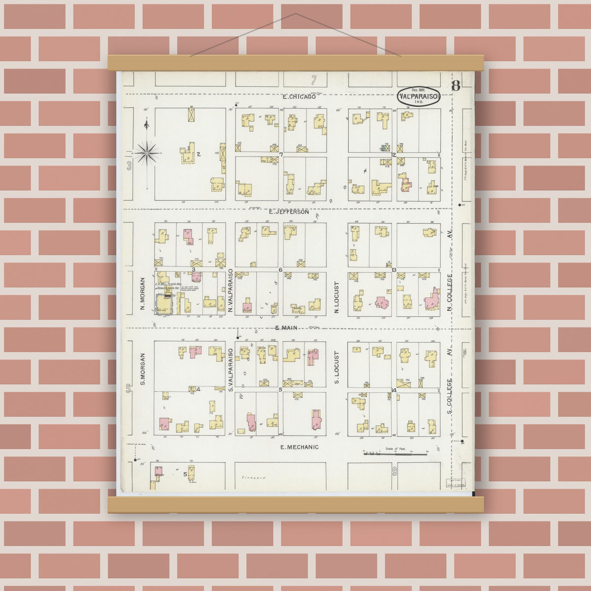 Old map wall art mockup — magnetic wood frame on brick wall — Sanborn Fire Insurance Map from Valparaiso, Porter County, Indiana (1892), Sheet #0008