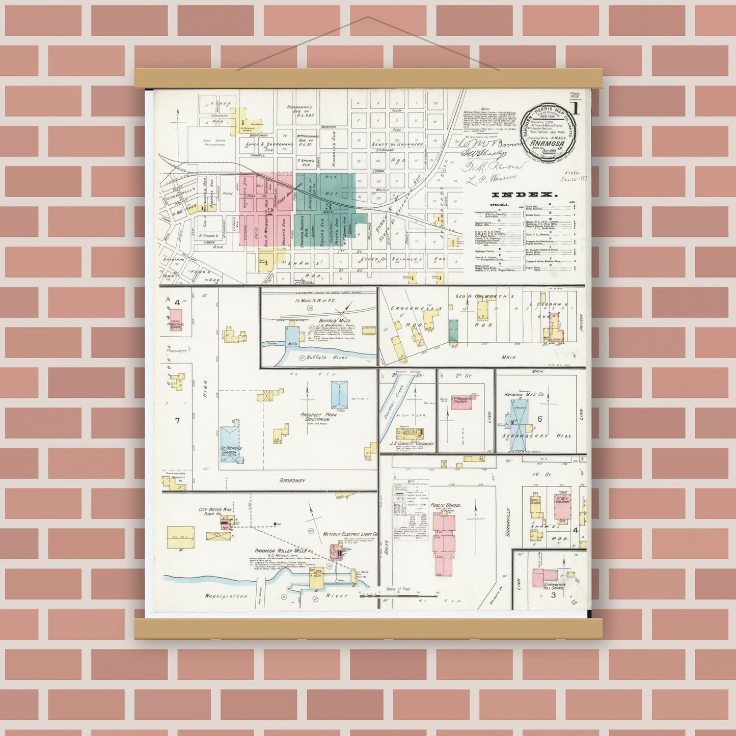 Old map wall art mockup — magnetic wood frame on brick wall — Sanborn Fire Insurance Map from Anamosa, Jones County, Iowa (1893) â€” Complete Set