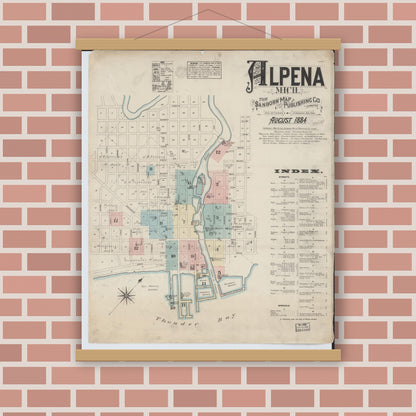 Old map wall art mockup — magnetic wood frame on brick wall — Sanborn Fire Insurance Map from Alpena, Alpena County, Michigan (1884), Sheet #0001