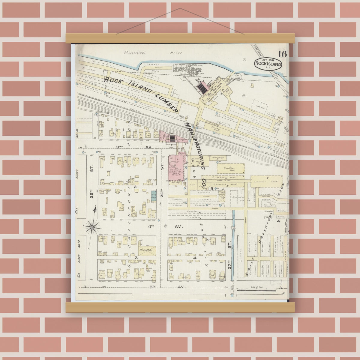 Old map wall art mockup — magnetic wood frame on brick wall — Sanborn Fire Insurance Map from Rock Island, Rock Island County, Illinois (1886), Sheet #0016