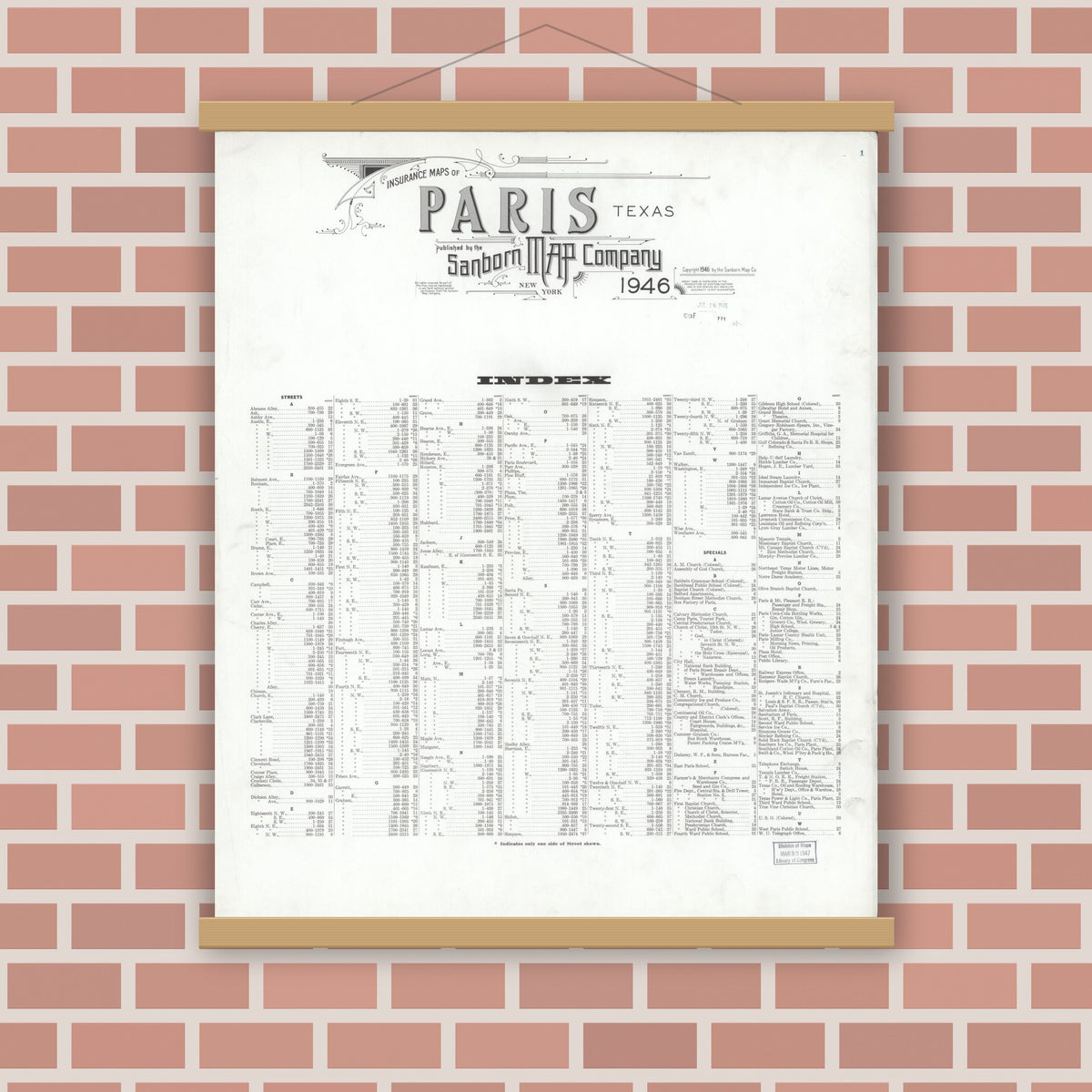 Old map wall art mockup — magnetic wood frame on brick wall — Sanborn Fire Insurance Map from Paris, Lamar County, Texas (1946), Sheet #0001