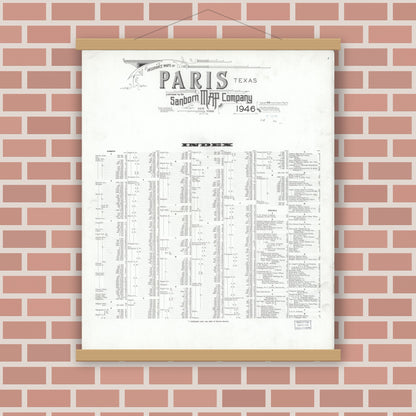 Old map wall art mockup — magnetic wood frame on brick wall — Sanborn Fire Insurance Map from Paris, Lamar County, Texas (1946), Sheet #0001
