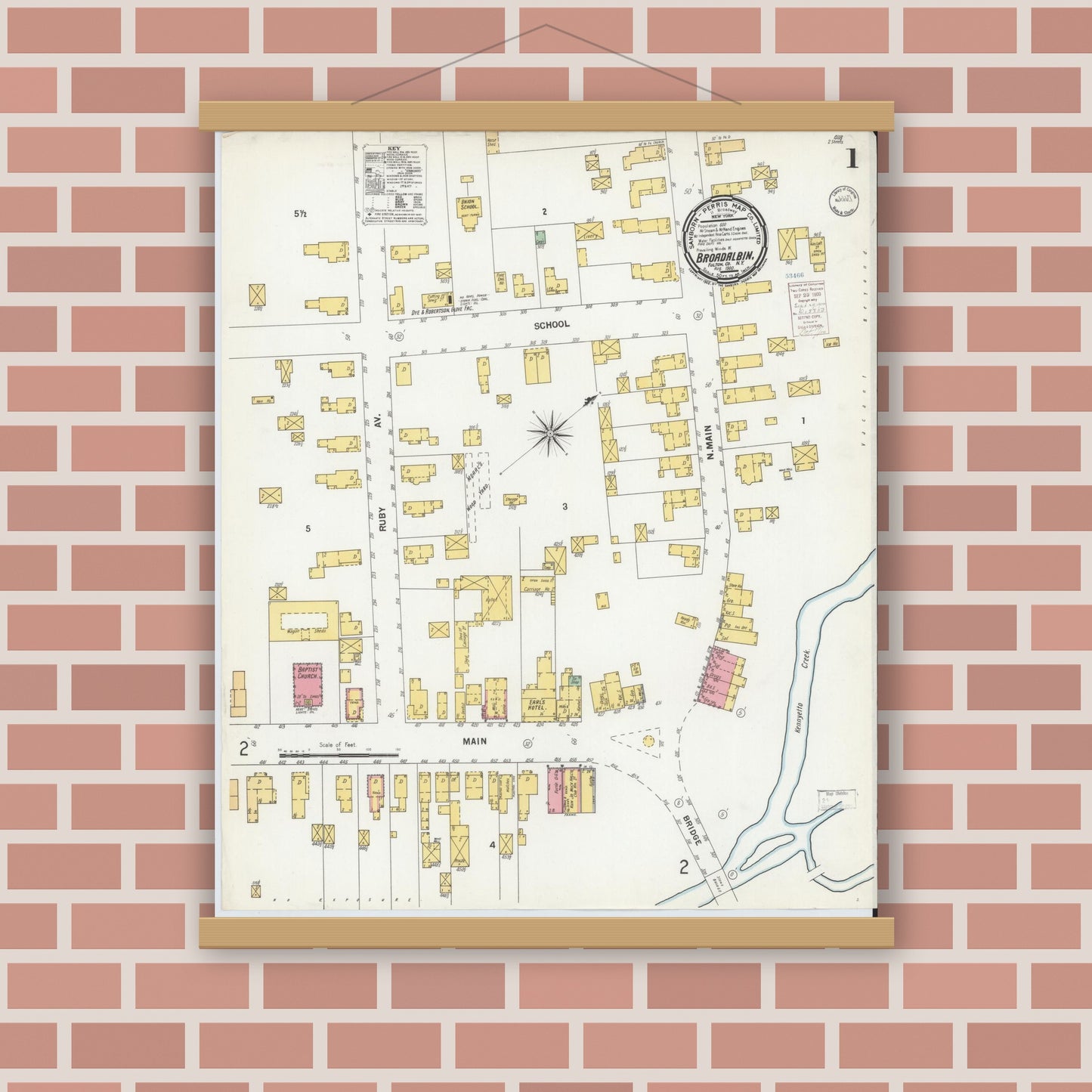 Old map wall art mockup — magnetic wood frame on brick wall — Sanborn Fire Insurance Map from Broadalbin, Fulton County, New York (1900) - Complete Map Set