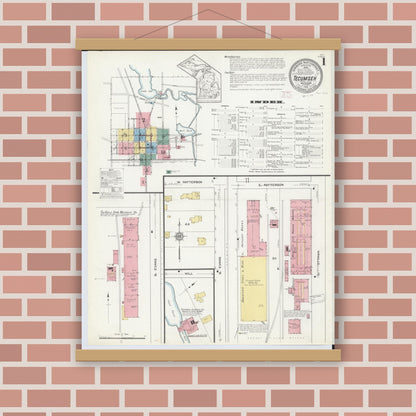 Old map wall art mockup — magnetic wood frame on brick wall — Sanborn Fire Insurance Map from Tecumseh, Lenawee County, Michigan (1912), Sheet #0001