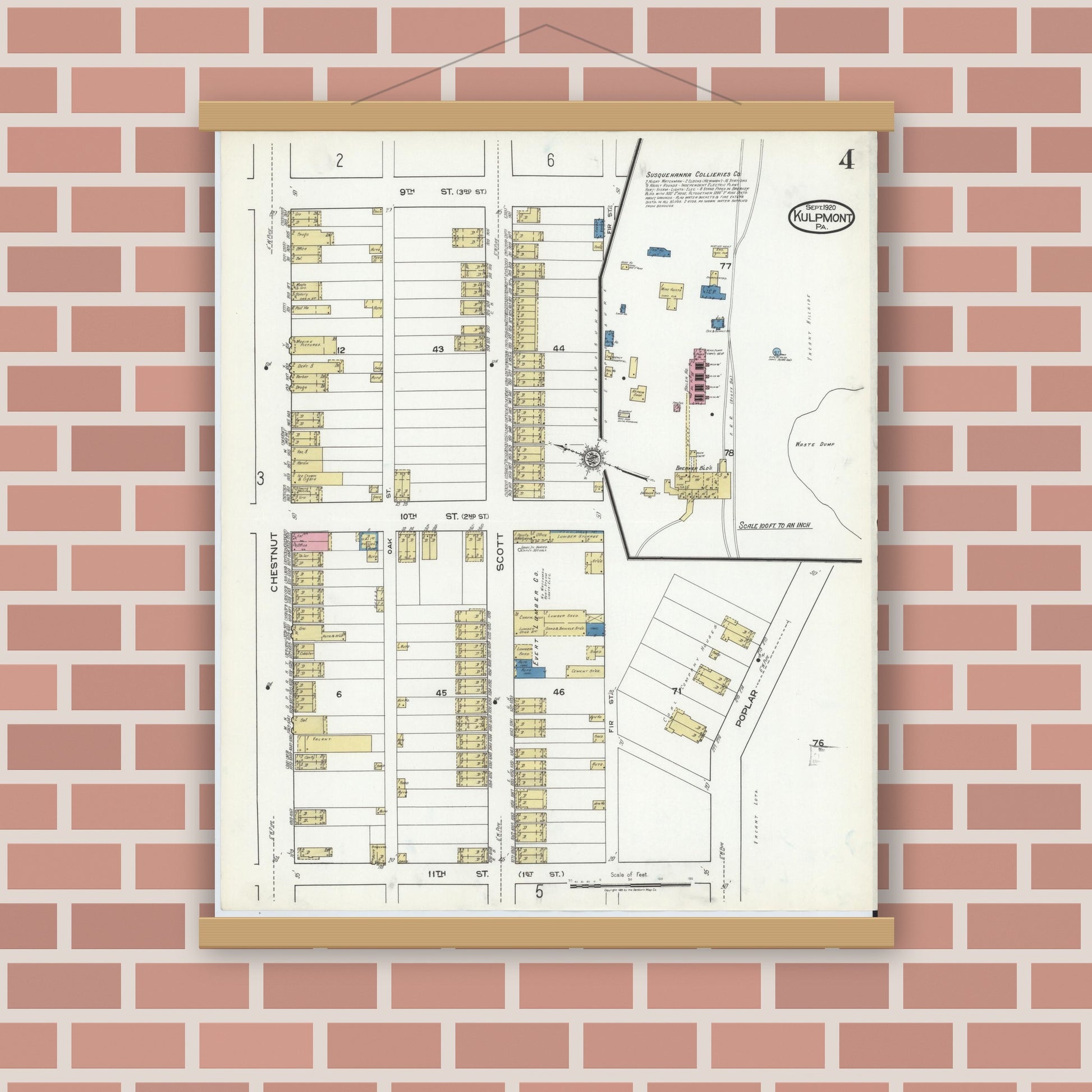 Old map wall art mockup — magnetic wood frame on brick wall — Sanborn Fire Insurance Map from Kulpmont, Northumberland County, Pennsylvania (1920), Sheet #0004