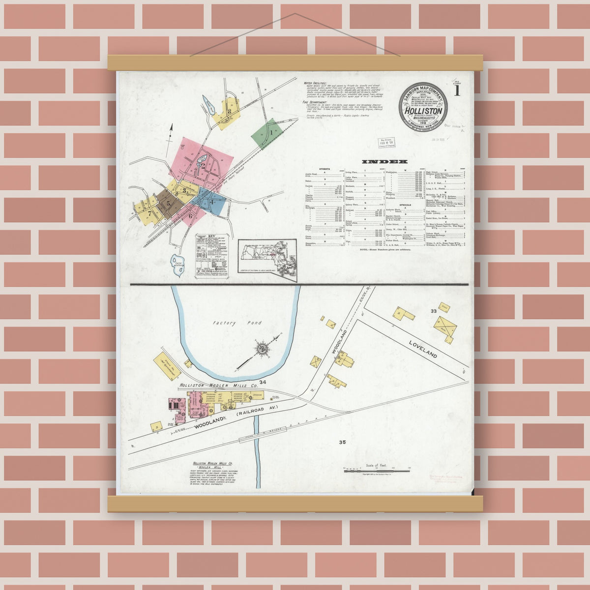 Old map wall art mockup — magnetic wood frame on brick wall — Sanborn Fire Insurance Map from Holliston, Middlesex County, Massachusetts (1919), Sheet #0001