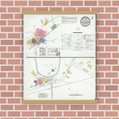 Old map wall art mockup — magnetic wood frame on brick wall — Sanborn Fire Insurance Map from Holliston, Middlesex County, Massachusetts (1919), Sheet #0001