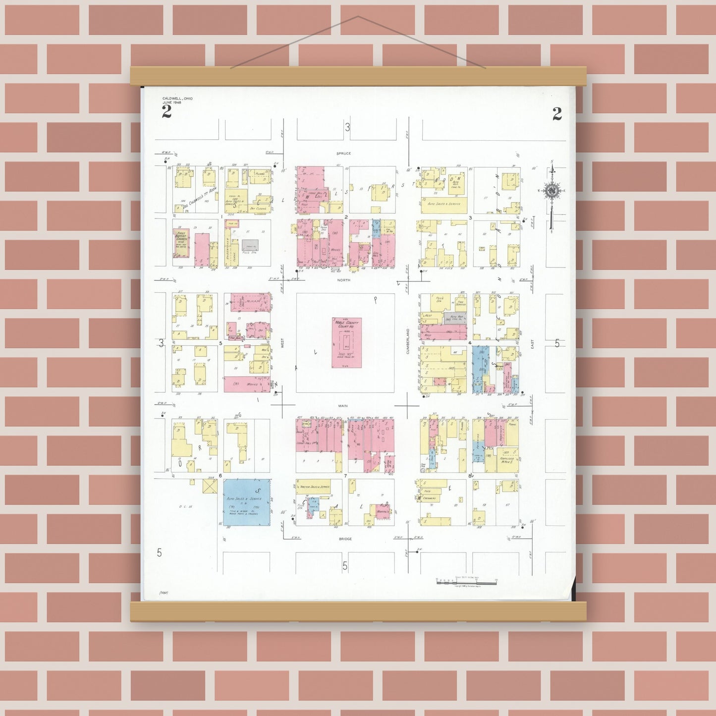 Old map wall art mockup — magnetic wood frame on brick wall — Sanborn Fire Insurance Map from Caldwell, Noble County, Ohio (1948), Sheet #0002