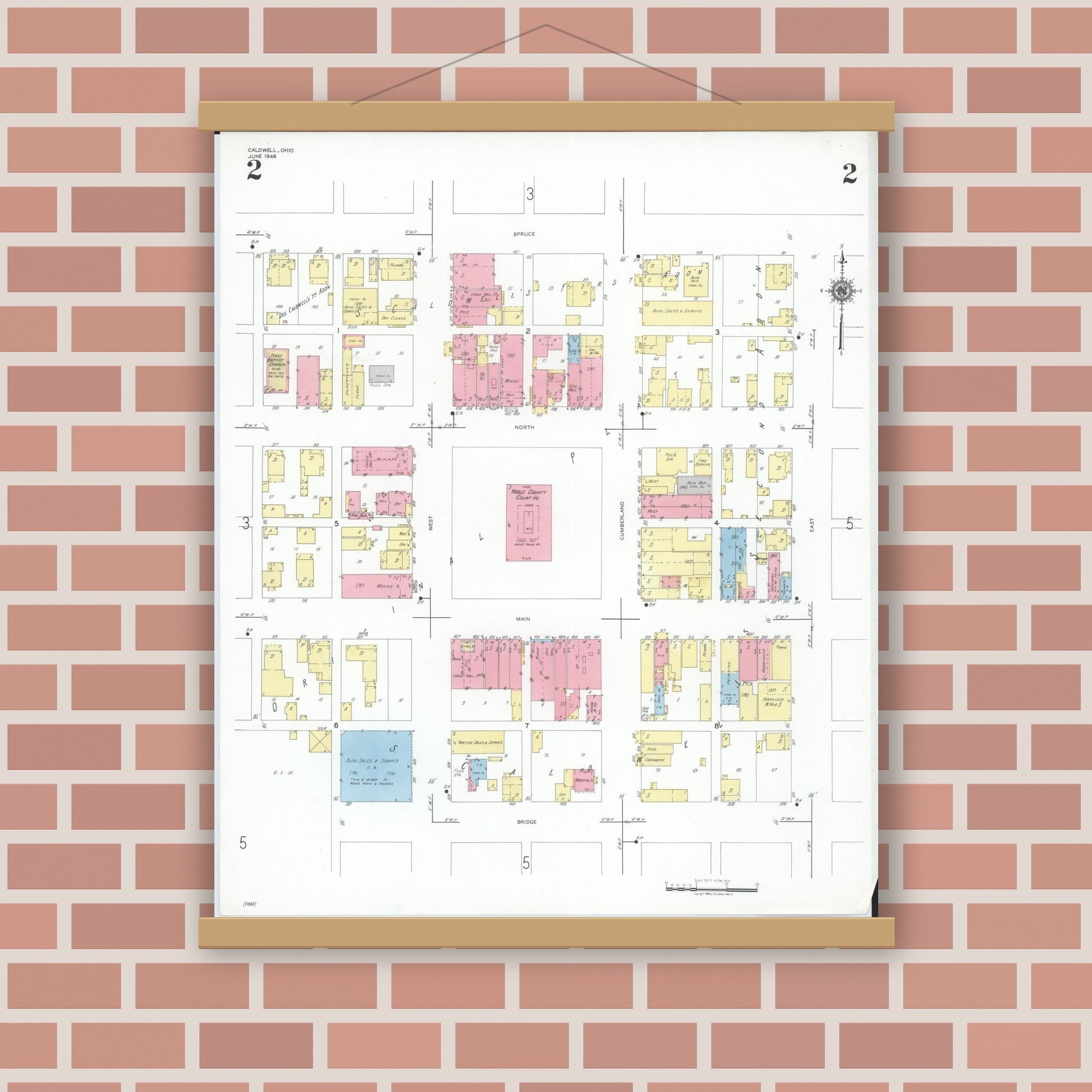Old map wall art mockup — magnetic wood frame on brick wall — Sanborn Fire Insurance Map from Caldwell, Noble County, Ohio (1948), Sheet #0002
