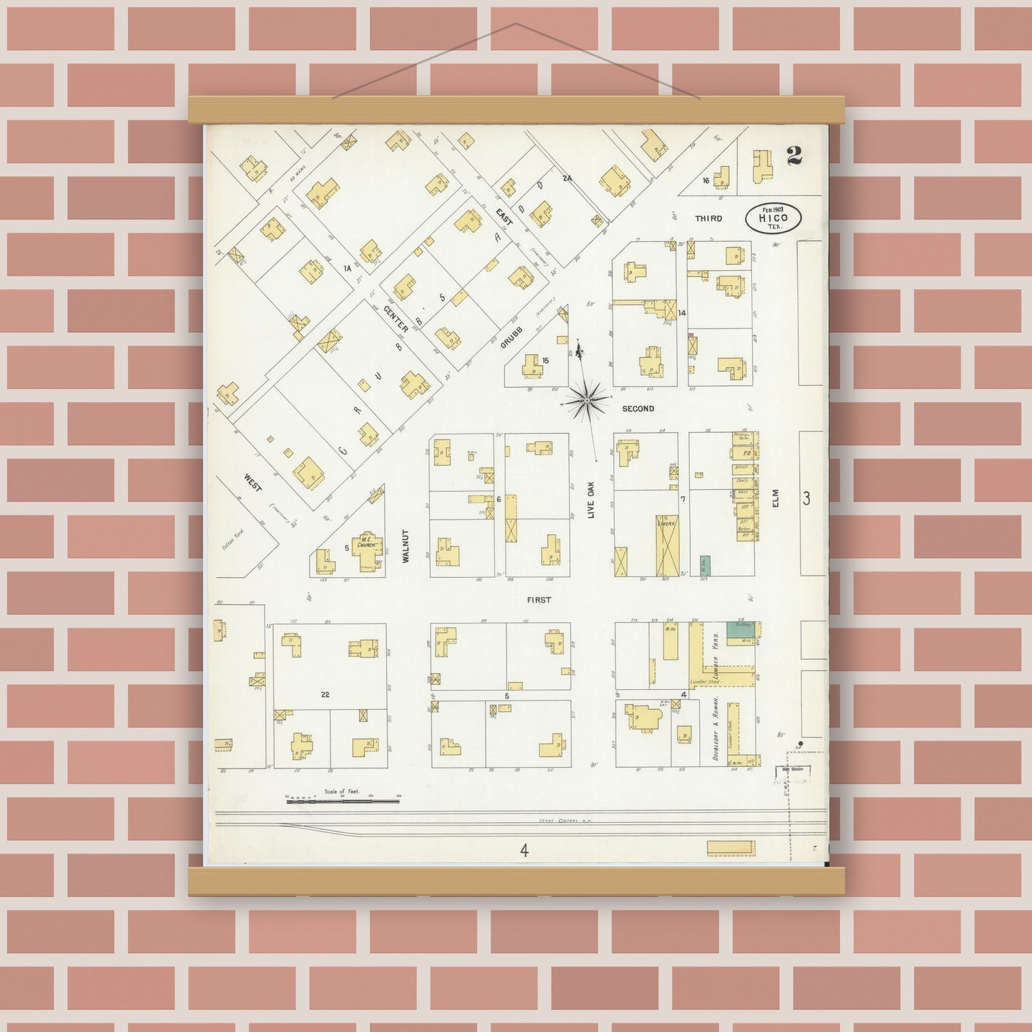 Old map wall art mockup — magnetic wood frame on brick wall — Sanborn Fire Insurance Map from Hico, Hamilton County, Texas (1903), Sheet #0002