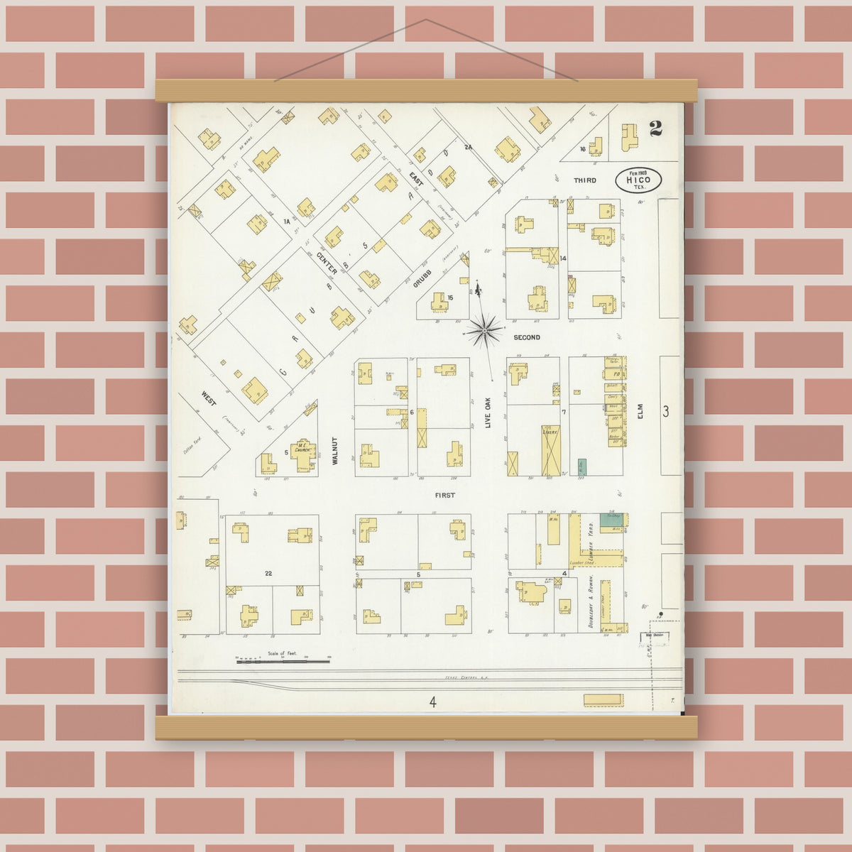 Old map wall art mockup — magnetic wood frame on brick wall — Sanborn Fire Insurance Map from Hico, Hamilton County, Texas (1903), Sheet #0002