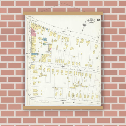 Old map wall art mockup — magnetic wood frame on brick wall — Sanborn Fire Insurance Map from Patchogue, Suffolk County, New York (1910), Sheet #0012