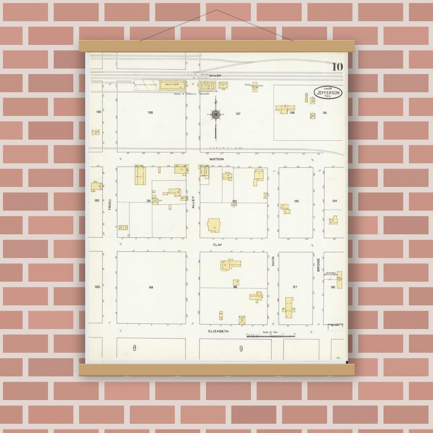 Old map wall art mockup — magnetic wood frame on brick wall — Sanborn Fire Insurance Map from Jefferson, Marion County, Texas (1911), Sheet #0010