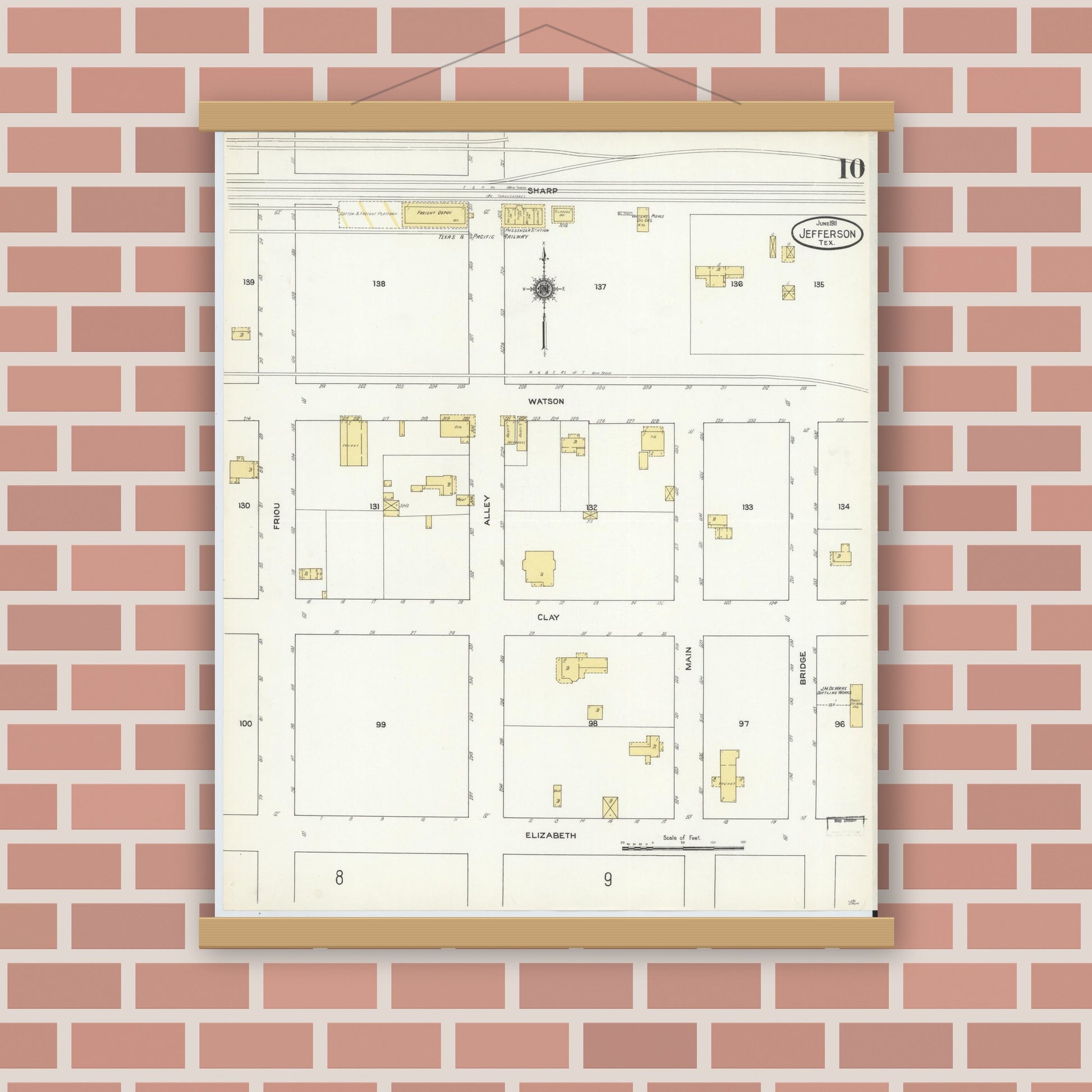 Old map wall art mockup — magnetic wood frame on brick wall — Sanborn Fire Insurance Map from Jefferson, Marion County, Texas (1911), Sheet #0010