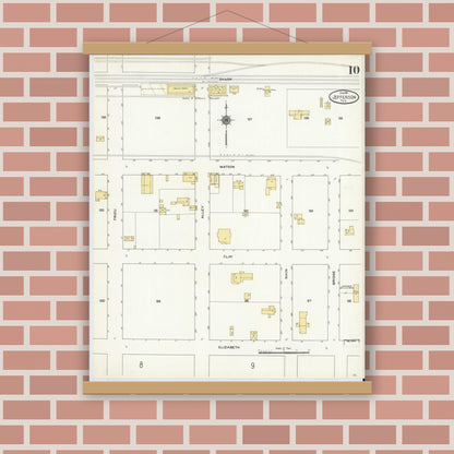 Old map wall art mockup — magnetic wood frame on brick wall — Sanborn Fire Insurance Map from Jefferson, Marion County, Texas (1911), Sheet #0010