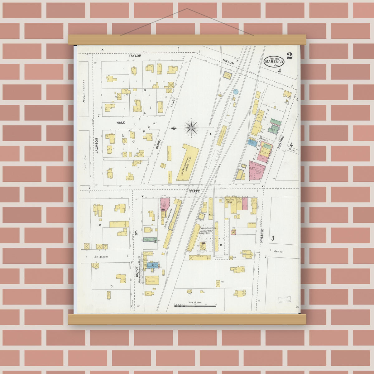 Old map wall art mockup — magnetic wood frame on brick wall — Sanborn Fire Insurance Map from Marengo, McHenry County, Illinois (1905), Sheet #0002
