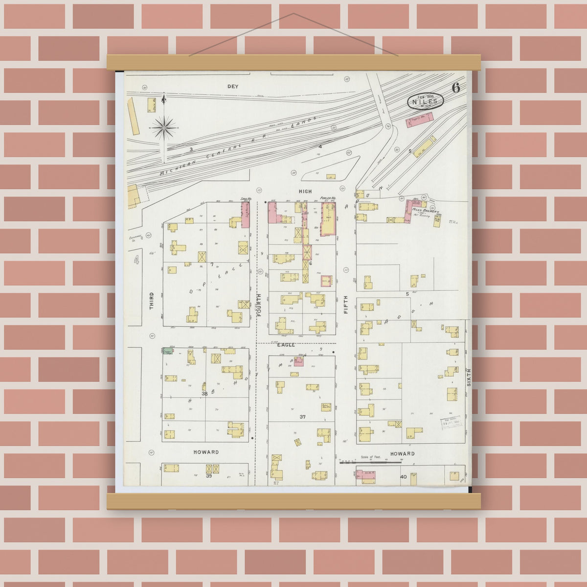 Old map wall art mockup — magnetic wood frame on brick wall — Sanborn Fire Insurance Map from Niles, Berrien County, Michigan (1895), Sheet #0006