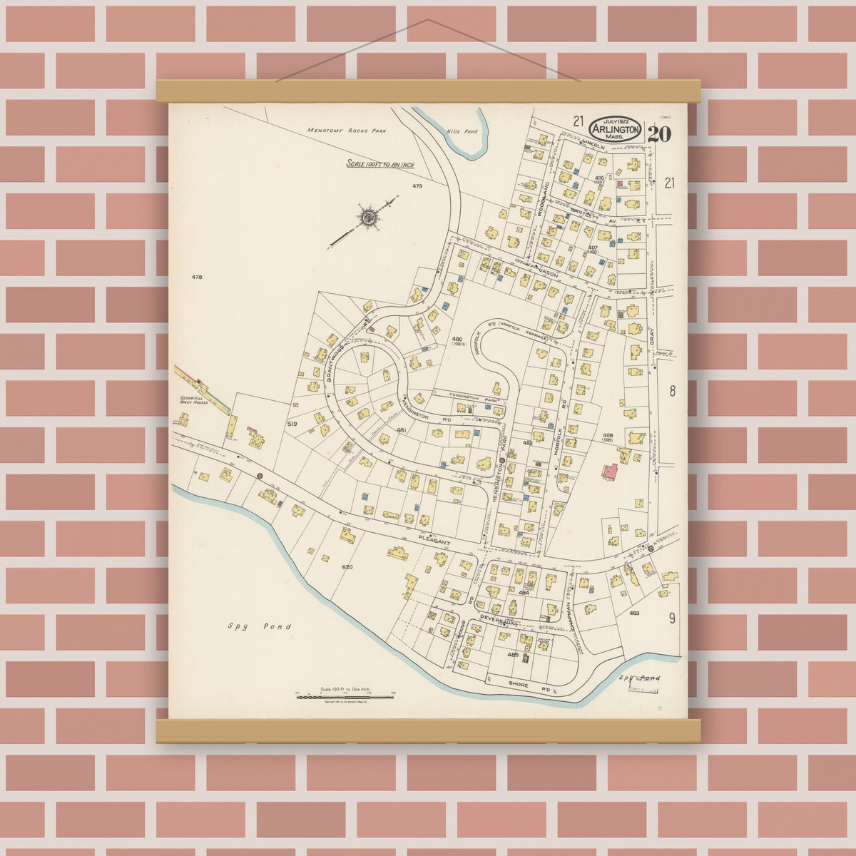 Old map wall art mockup — magnetic wood frame on brick wall — Sanborn Fire Insurance Map from Arlington, Middlesex County, Massachusetts (1922), Sheet #0020