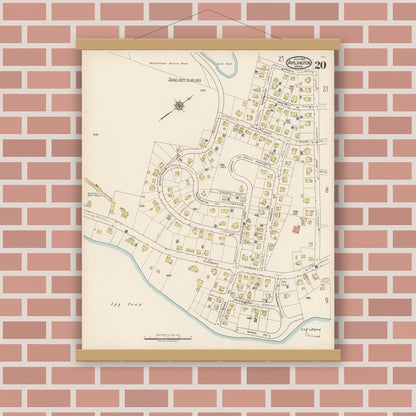 Old map wall art mockup — magnetic wood frame on brick wall — Sanborn Fire Insurance Map from Arlington, Middlesex County, Massachusetts (1922), Sheet #0020