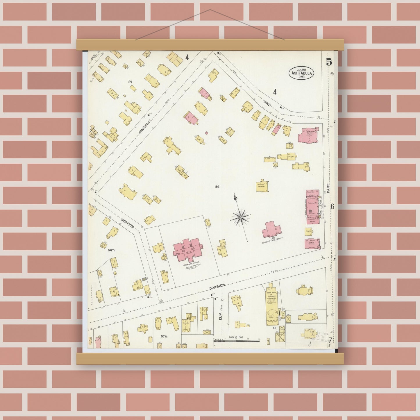 Old map wall art mockup — magnetic wood frame on brick wall — Sanborn Fire Insurance Map from Ashtabula, Ashtabula County, Ohio (1903), Sheet #0005