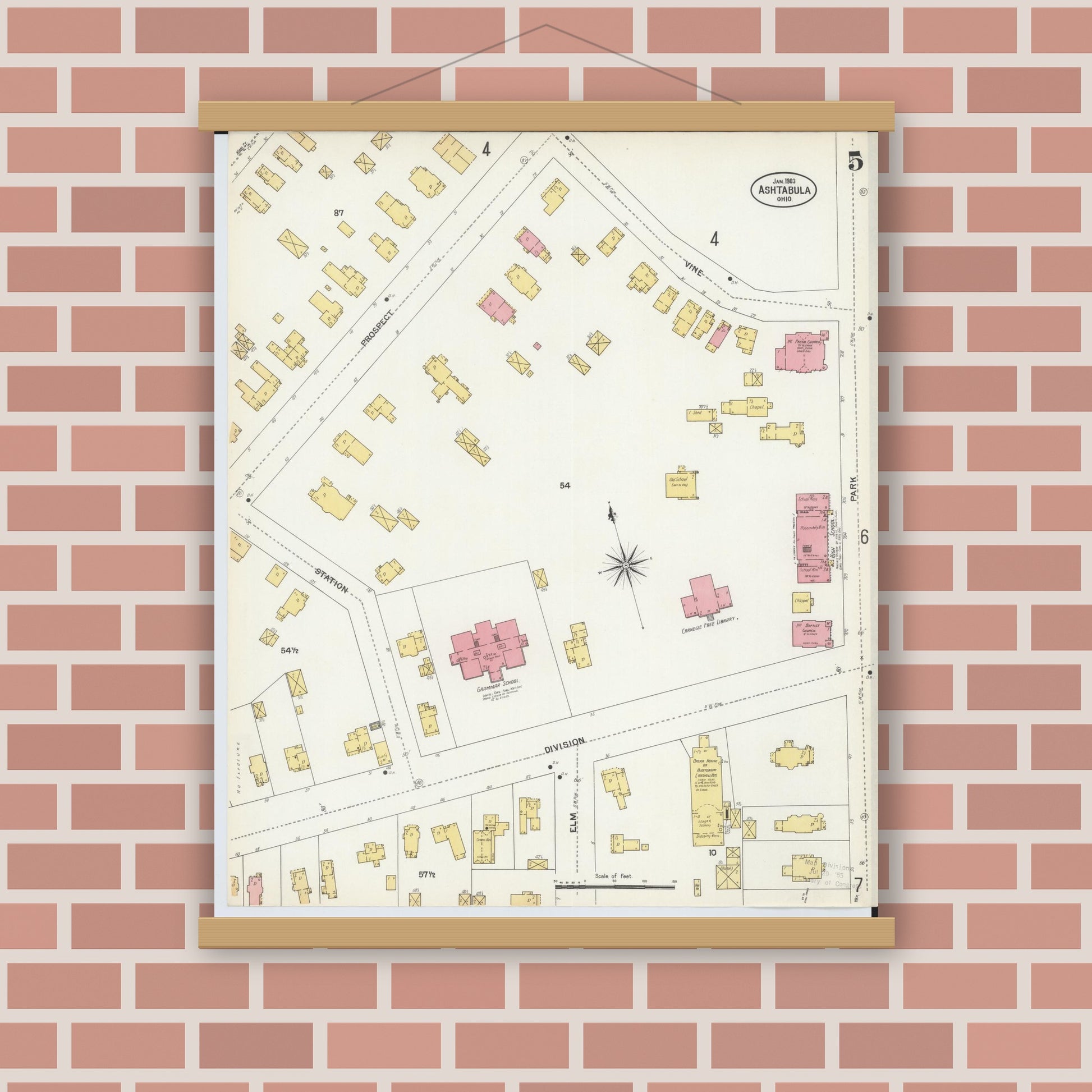 Old map wall art mockup — magnetic wood frame on brick wall — Sanborn Fire Insurance Map from Ashtabula, Ashtabula County, Ohio (1903), Sheet #0005