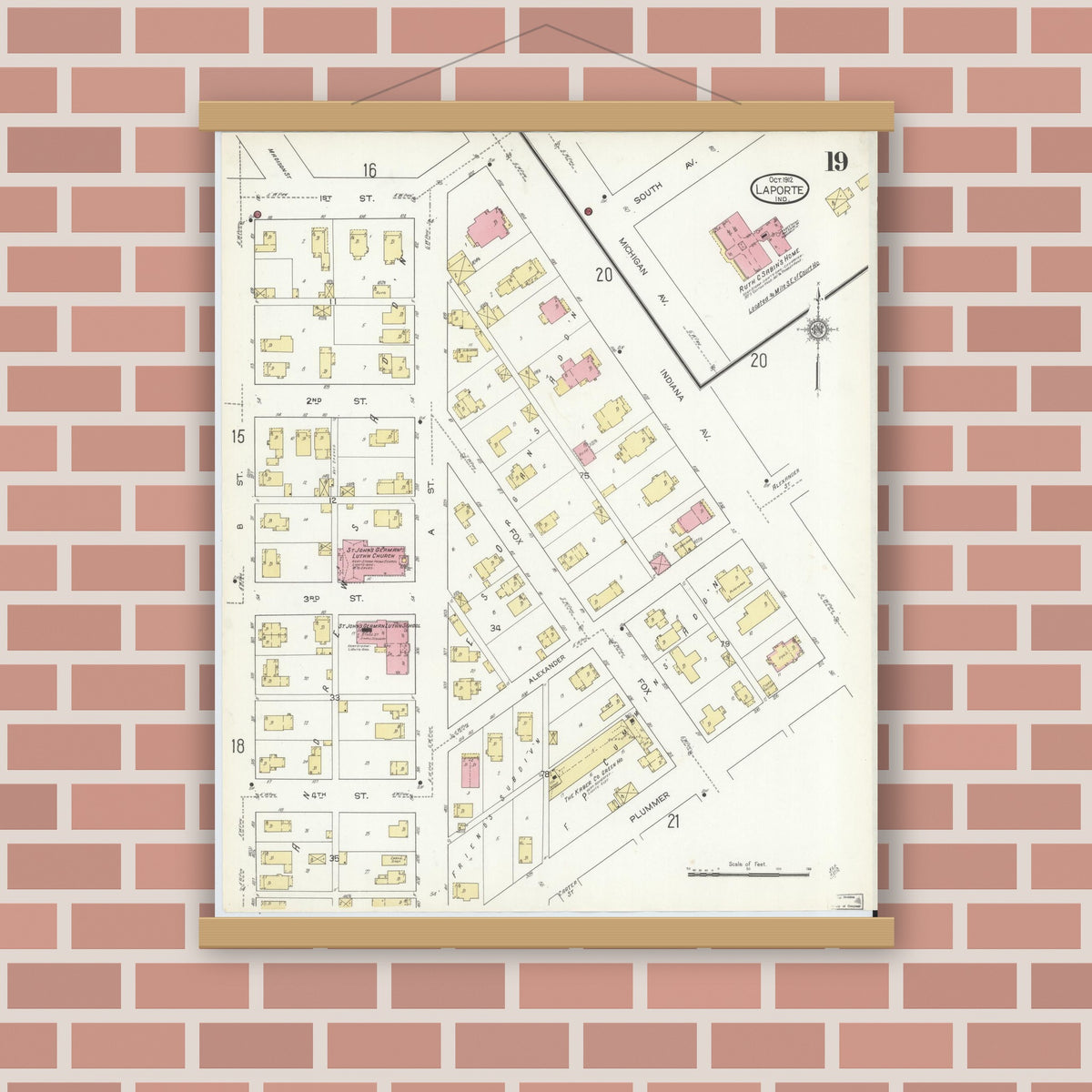 Old map wall art mockup — magnetic wood frame on brick wall — Sanborn Fire Insurance Map from La Porte, La Porte County, Indiana (1912), Sheet #0019