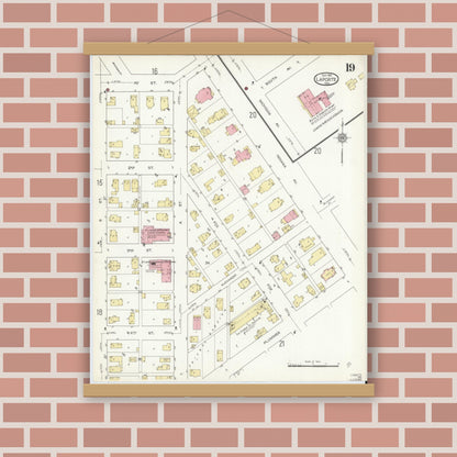 Old map wall art mockup — magnetic wood frame on brick wall — Sanborn Fire Insurance Map from La Porte, La Porte County, Indiana (1912), Sheet #0019