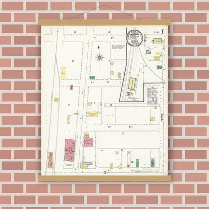 Old map wall art mockup — magnetic wood frame on brick wall — Sanborn Fire Insurance Map from Perris, Riverside County, California (1896) - Complete Map Set