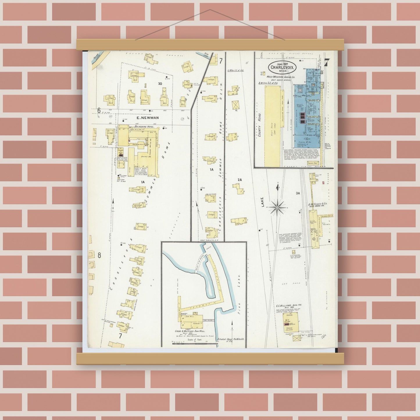 Old map wall art mockup — magnetic wood frame on brick wall — Sanborn Fire Insurance Map from Charlevoix, Charlevoix County, Michigan (1907), Sheet #0007
