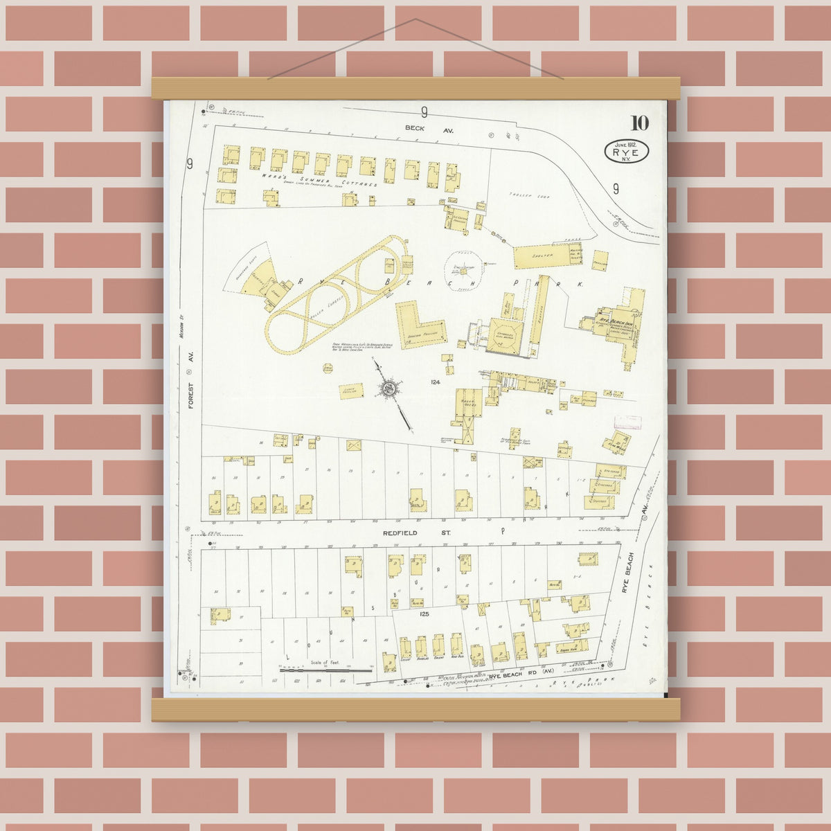 Old map wall art mockup — magnetic wood frame on brick wall — Sanborn Fire Insurance Map from Rye, Westchester County, New York (1912), Sheet #0010