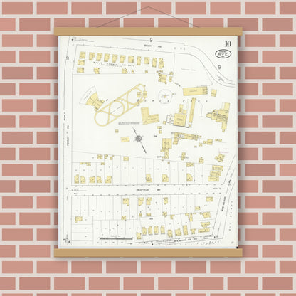 Old map wall art mockup — magnetic wood frame on brick wall — Sanborn Fire Insurance Map from Rye, Westchester County, New York (1912), Sheet #0010