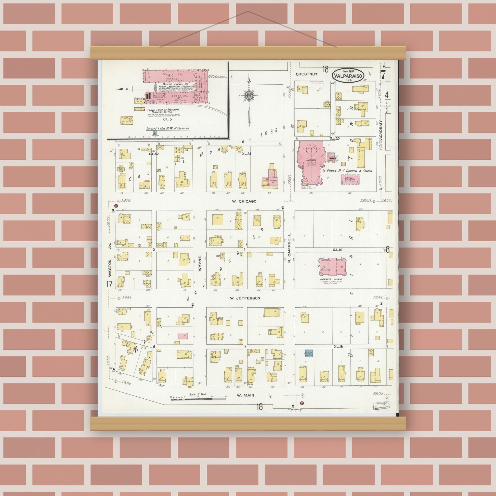 Old map wall art mockup — magnetic wood frame on brick wall — Sanborn Fire Insurance Map from Valparaiso, Porter County, Indiana (1910), Sheet #0007